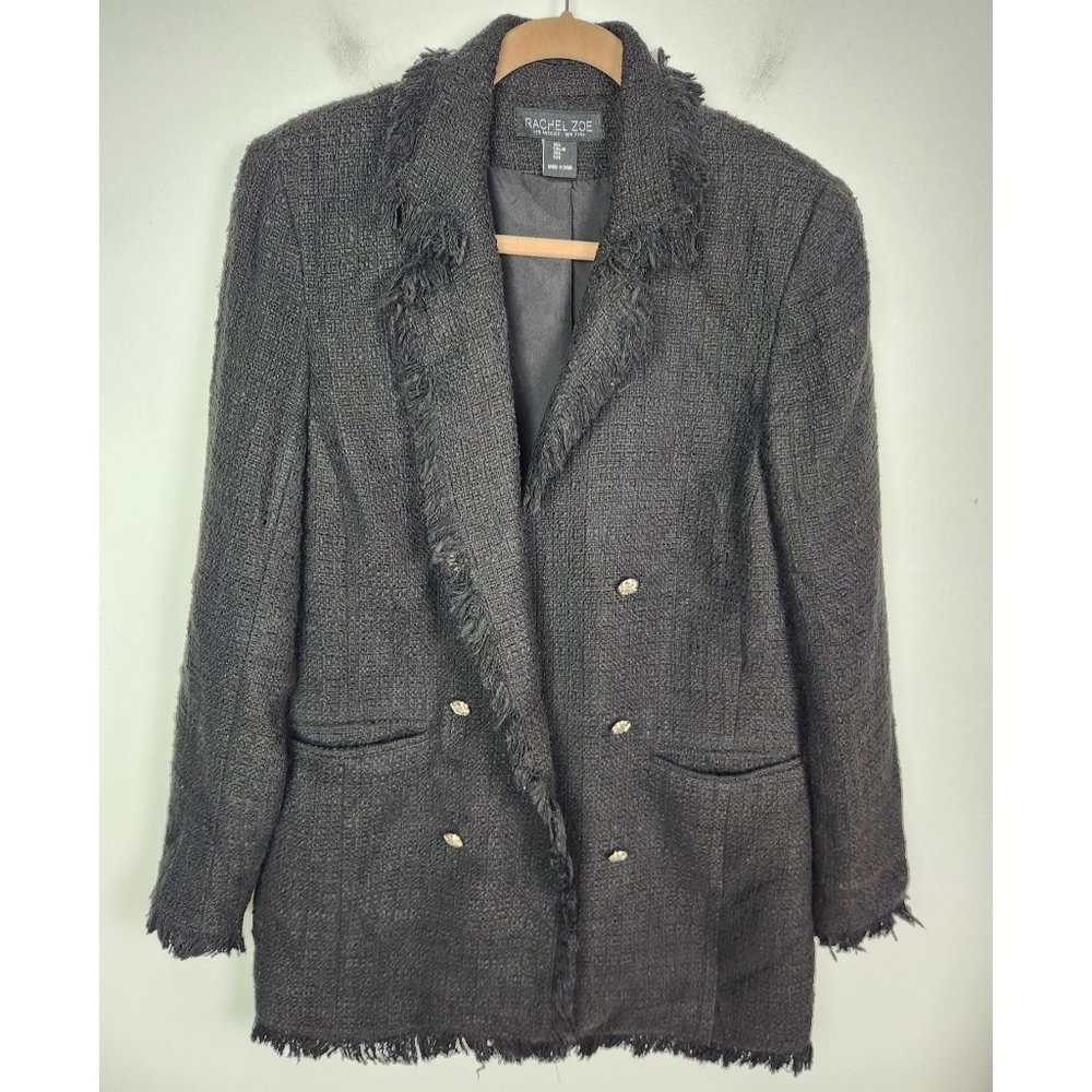 Rachel Zoe Women's Sz. L Black Fringe Tweed Long Line Jacket - Picture 1 of 6